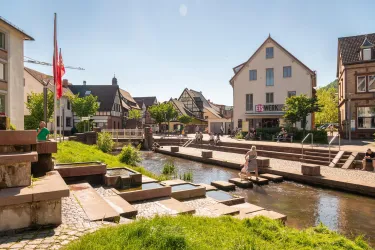 Eine malerische Stadtansicht mit einem kleinen Fluss und historischen Gebäuden. Die Sonne scheint und Menschen genießen die Umgebung.