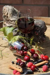Weinglas gefüllt mit Rotwein steht auf einem Holzfass. Hinter dem Weinglas liegt ein Teil vom Rebstock. Im Vordergrund ein leeres Weinglas, aus dem verschiedene rote Beeren herausfallen. 