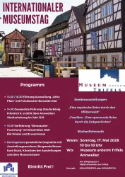 Ein Einladungsposter zum Internationalen Museumstag. Es zeigt das Museum unter dem Trifels mit Programmhinweisen und Informationen zu Führungen und Veranstaltungen.