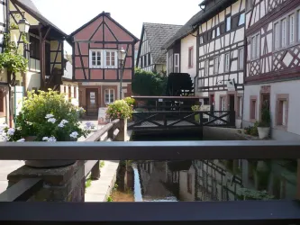 Ein malerisches Dorf mit Fachwerkhäusern und einem ruhigen Wasserlauf. Blumen schmücken die Brücke und das Ufer, was eine einladende Atmosphäre schafft.