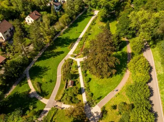 Blick von oben auf die Markwardanlage von Annweiler. Die grün angelegten Flächen sind durch barrierefrei angelegte Wege miteinander verbunden.