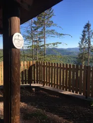 Ein Aussichtspunkt mit Holzzaun und Blick auf eine grüne Landschaft. Der Himmel ist klar und blau, umgeben von Bäumen.