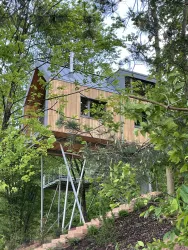 Ein modernes Baumhaus aus Holz steht erhöht zwischen den Bäumen. Die Umgebung ist grün und naturnah.