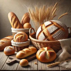 Ein Korb voller frischer Brote in verschiedenen Formen. Die rustikale Holzoberfläche und die goldenen Ähren ergänzen die gemütliche Atmosphäre.