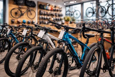 Ein Fahrradgeschäft mit einer Auswahl an Mountainbikes in verschiedenen Farben. Im Hintergrund sind weitere Fahrräder und Helme zu sehen.