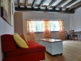 Ein geräumiges Wohnzimmer mit einem roten Sofa und bunten Kissen. Große Fenster lassen viel Licht herein und der Holzboden verleiht eine gemütliche Atmosphäre.