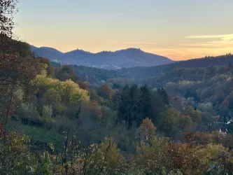Eine malerische Landschaft mit sanften Hügeln und buntem Herbstlaub. Der Himmel erstrahlt in warmen Farben während des Sonnenuntergangs.