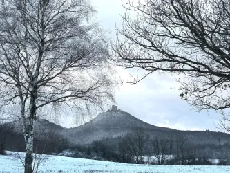 Eine schneebedeckte Landschaft mit einem Hügel im Hintergrund, auf dem eine Burg steht. Die Bäume im Vordergrund sind kahl und tragen zur winterlichen Atmosphäre bei.