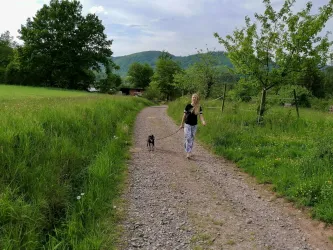 Eine Frau geht mit einem kleinen Hund auf einem Kiesweg. Im Hintergrund sind grüne Wiesen und Bäume zu sehen.
