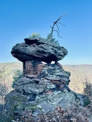 Ein beeindruckender Felsen mit einer ausgefallenen Form und einer kleinen Baumkrone. Der klare Himmel und die umliegende Landschaft ergänzen die Szenerie.