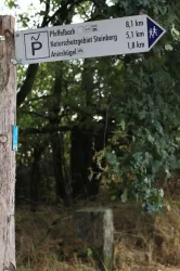 Wegweiser und Grenzstein auf dem Preußensteig (© Julia Bingeser, FVZV Pfälzer Bergland)