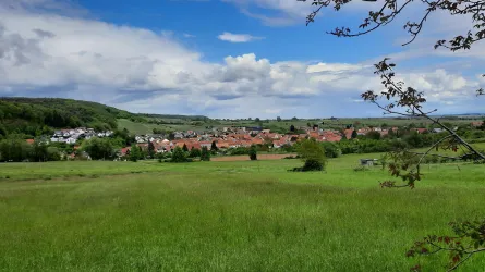 Eine malerische Landschaft mit grünen Wiesen und einem kleinen Dorf im Hintergrund. Der Himmel ist blau mit einigen Wolken.