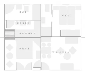 Ein Grundriss einer Wohnung mit mehreren Räumen. Die Bereiche umfassen ein Bad, eine Küche, ein Esszimmer, ein Wohnzimmer und zwei Schlafzimmer.