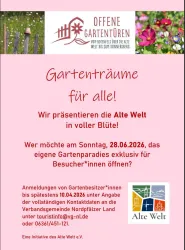 Ein Einladungsschreiben für die Veranstaltung "Offene Gartentüren". Es wird die alte Welt in voller Blüte präsentiert und ruft Gartenbesitzer zur Teilnahme auf.