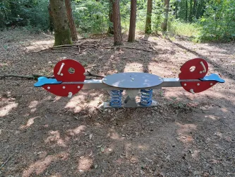 Eine Wippe für Kinder steht im Wald. Sie hat rote und blaue Elemente und ist von Bäumen umgeben.
