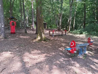 Ein Spielplatz im Wald mit einem roten Spielhaus und einem Federwagen in Form von Flugzeugen. Die Umgebung ist grün und bietet Schatten unter den Bäumen.