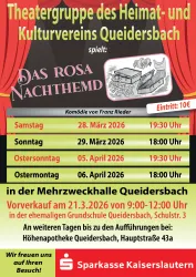 Ein Plakat für das Theaterstück "Das rosa Nachthemd" der Theatergruppe des Heimat- und Kulturvereins Queidersbach. Es zeigt Informationen zu Aufführungsterminen und Ticketpreisen.