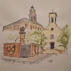 Eine schöne Zeichnung eines Brunnens mit einer Kirche im Hintergrund. Die Architektur und die Bäume verleihen der Szene eine einladende Atmosphäre.