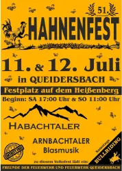 Das Bild zeigt ein Plakat für das 51. Hahnenfest in Queidersbach am 11. und 12. Juli. Es kündigt Veranstaltungen wie Blasmusik und einen Bullriding-Wettbewerb an.