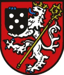 Ein Wappen mit einem roten Hintergrund und einem weißen Löwen, der einen goldenen Stab hält. Oben links befindet sich ein schwarzes Schild mit weißen Punkten.