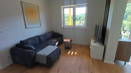 Ein gemütliches Wohnzimmer mit einem grauen Sofa und einem Fernseher. Licht strömt durch das Fenster und die Wände sind hell gestrichen.