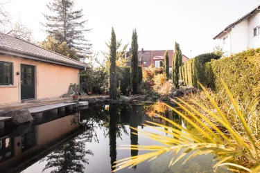 Ein ruhiger Garten mit einem Teich und grünen Pflanzen. Ein gemütliches Haus ist im Hintergrund sichtbar.