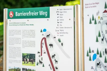 Informationstafel zum Barrierefreien Weg im Wildpark mit Text, Legende und Kartenausschnitt des Rundwegs