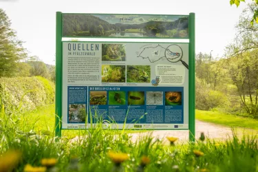 Ein Informationsschild über Quellen im Pfälzerwald steht am Wegesrand. Die Umgebung ist grün und idyllisch, umgeben von Bäumen und Wiesen.