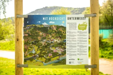 Eine Informationskarte über die Region „Die Pfalz“ mit einer detaillierten Übersicht der Umgebung. Die Karte zeigt Städte, Flüsse und Wanderwege in einer malerischen Landschaft.