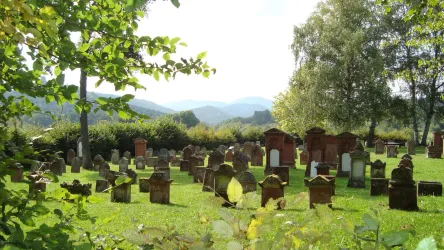 Ein ruhiger Friedhof mit vielen Grabsteinen in einer grünen Landschaft. Im Hintergrund sind sanfte Hügel und ein klarer Himmel sichtbar.