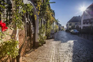 Eine malerische Kopfsteinpflasterstraße mit schönen Häusern und blühenden Pflanzen. Die Sonne scheint und sorgt für eine angenehme Atmosphäre.