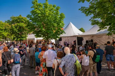 Eine lebhafte Veranstaltung im Freien mit vielen Menschen und Ständen. Im Hintergrund sind Pavillons und grüne Bäume zu sehen.