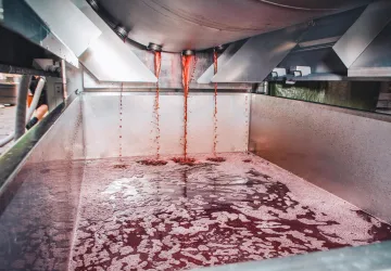 Eine Produktionsanlage mit rot gefärbtem Flüssigkeit, die aus Rohren in einen großen Behälter fließt. Die Oberfläche zeigt eine blubbernde Schicht, die auf einen industriellen Prozess hinweist.