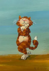 Eine fröhliche, orangefarbene Katze tanzt mit geschlossenen Augen. Sie hat ein breites Lächeln und wirkt sehr zufrieden.
