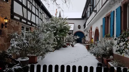 Eine malerische Innenhofansicht mit schneebedecktem Boden und grünen Pflanzen. Die Architektur ist traditionell mit Fachwerkhäusern und bunten Fenstern.