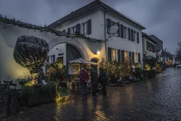 Ein charmantes Geschäft mit Pflanzen und Lichtern an einer Straße bei Dämmerung. Die Atmosphäre ist festlich und einladend.