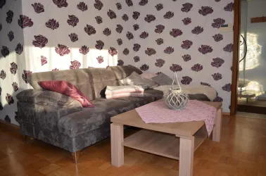 Ein gemütliches Wohnzimmer mit einem grauen Sofa und einer Holzterrasse. Die Wände sind mit lila Blumenmustern dekoriert.