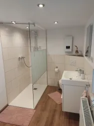 Ein modernes Badezimmer mit einer Dusche aus Glas und einem weißen Waschbecken. Der Boden ist hellbraun und es liegen rosa Badeteppiche.