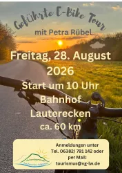 Ein Flyer für eine geführte E-Bike-Tour mit Details zur Veranstaltung. Die Tour findet am Freitag, den 28. August 2026, um 10 Uhr am Bahnhof Lauterecken statt und hat eine Länge von ca. 60 km.