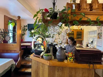 Ein gemütliches Restaurant mit Holzmöbeln und viel Grünpflanzen. Eine Mitarbeiterin steht hinter der Bar und ist damit beschäftigt, vorzubereiten.