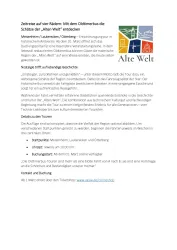 Ein Informationsblatt über eine Fahrradtour mit dem Oldtimerbus durch die „Alte Welt“. Es enthält Details zu Terminen und Buchungsmöglichkeiten.