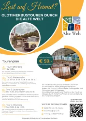 Oldtimerbustouren durch die Alte Welt. Tourenplan und Preise für unvergessliche Ausflüge sind abgebildet.