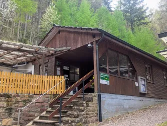 Ein Holzhaus in der Natur mit einer umlaufenden Terrasse und einer Holzsichtschutzwand. Umgeben von grünen Bäumen und einem Kiesweg.