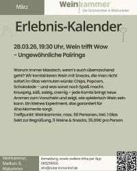 Ein Veranstaltungskalender für die Wein­kammer in Maikammer. Enthält Informationen zu einer Blindprobe und einem Spieleabend im Februar.