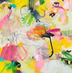 Ein buntes Obstfeld mit roten und grünen Äpfeln unter einem großen Baum. Im Hintergrund sieht man eine üppige Landschaft mit weiteren Bäumen.