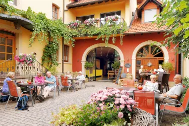Ein gemütlicher Innenhof mit Gästen, die an Tischen sitzen und Getränke genießen. Es gibt Blumen und üppiges Grün, das eine einladende Atmosphäre schafft.