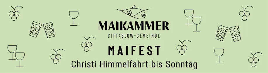 Ein Banner für das Maifest in Maikammer. Es zeigt Symbole für Wein und Feiern, mit dem Datum Christi Himmelfahrt bis Sonntag.