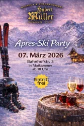 Ein Werbeplakat für eine Apres-Ski-Party am 7. März 2026 in Maikammer. Es zeigt Skiausrüstung, Gläser mit Getränken und eine winterliche Landschaft.