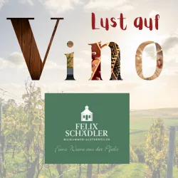 Ein malerischer Weinberg mit sanften Hügeln im Hintergrund. Darunter ist das Logo von Felix Schädlers Weinen zu sehen.