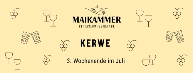 Ein Banner für das Kerwe-Fest in Maikammer. Es zeigt Wein und Fest-Elemente mit dem Datum für das dritte Wochenende im Juli.